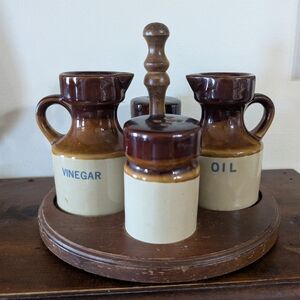 Vintage Brown & Tan Stoneware Oil & Vinegar Cruet Set Wooden Caddy Mid Century
